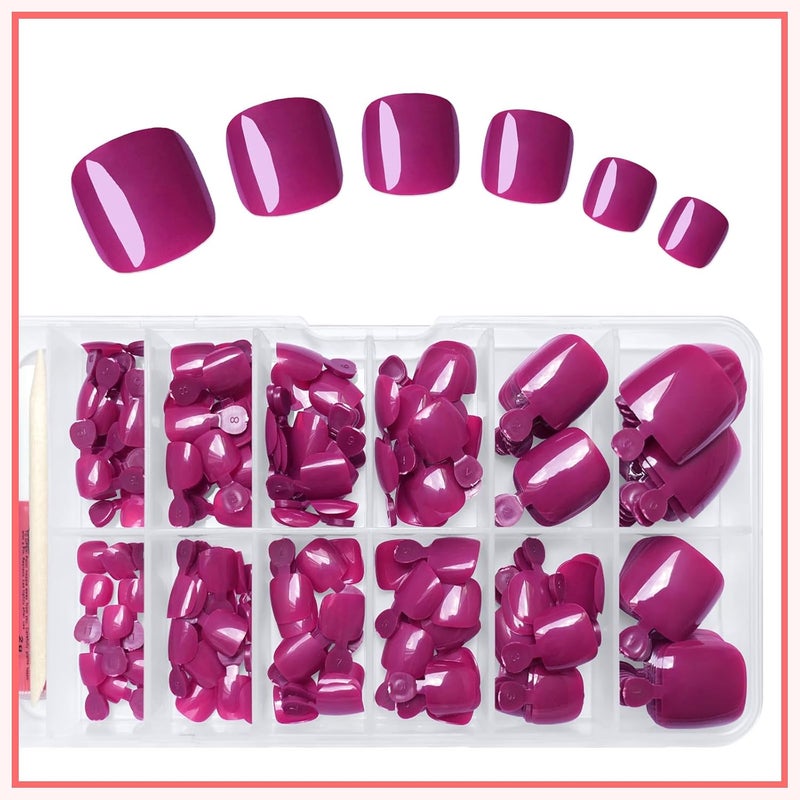 LuckForever 168pc Press on Toenails Women Fake Toe Nails with Adhesive Tabs, Magenta Fake Toenails Press on Nails Toe Acrylic Nail Tips Short Square False Toenail Artificial Toe Nails Press ons - Image 5